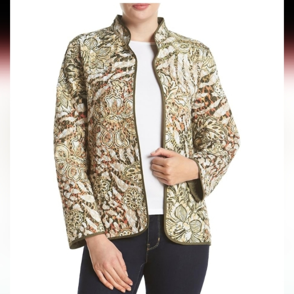 Alfred Dunner Green Coral Quilted Jacket Size 16 Cottagecore Coastal Grandma